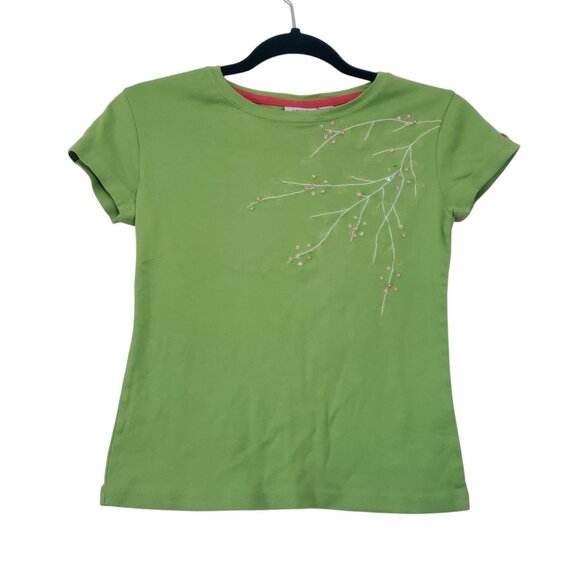 Vintage 90s Izod Womens Petite Green Floral Embroidered Short Sleeve T-Shirt PM - Picture 1 of 7